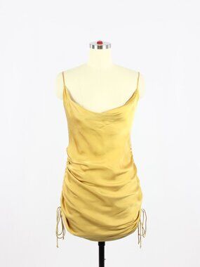 Aritzia WILFRED Only Gold Satin Ruched Draped Cowl Neck Mini Slip Dress, Size XS